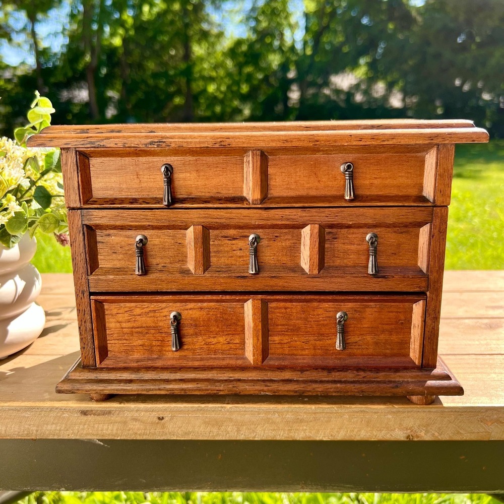 Vintage Wooden Jewelry Box w/ Velvet Lining and Tassel Shaped Handles
